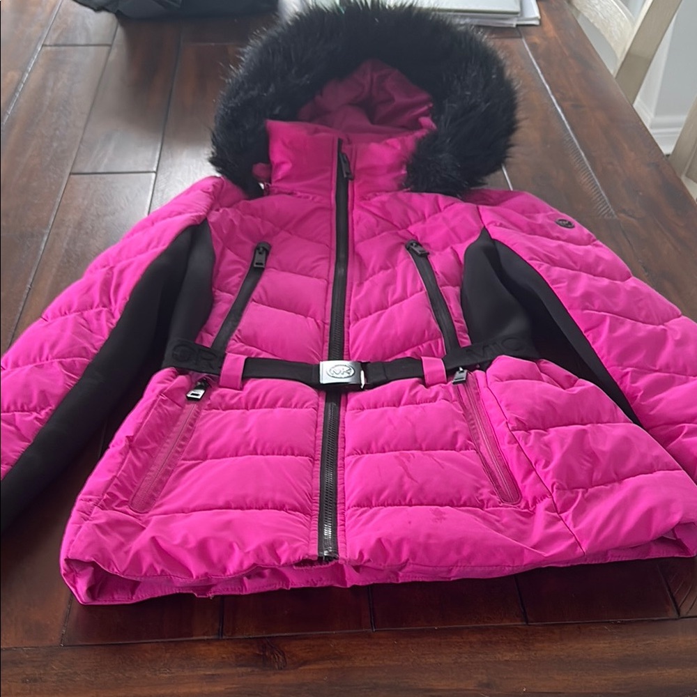 Michael Kors Pink and Black Puffer Jacket with Fur